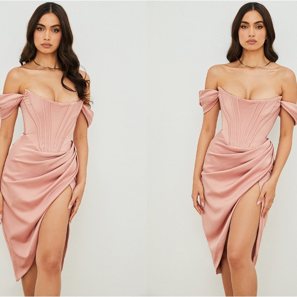 House of CB ‘Loretta’ Blush Pink Satin Off Shoulder Corset Dress NWOT - Picture 3 of 10
